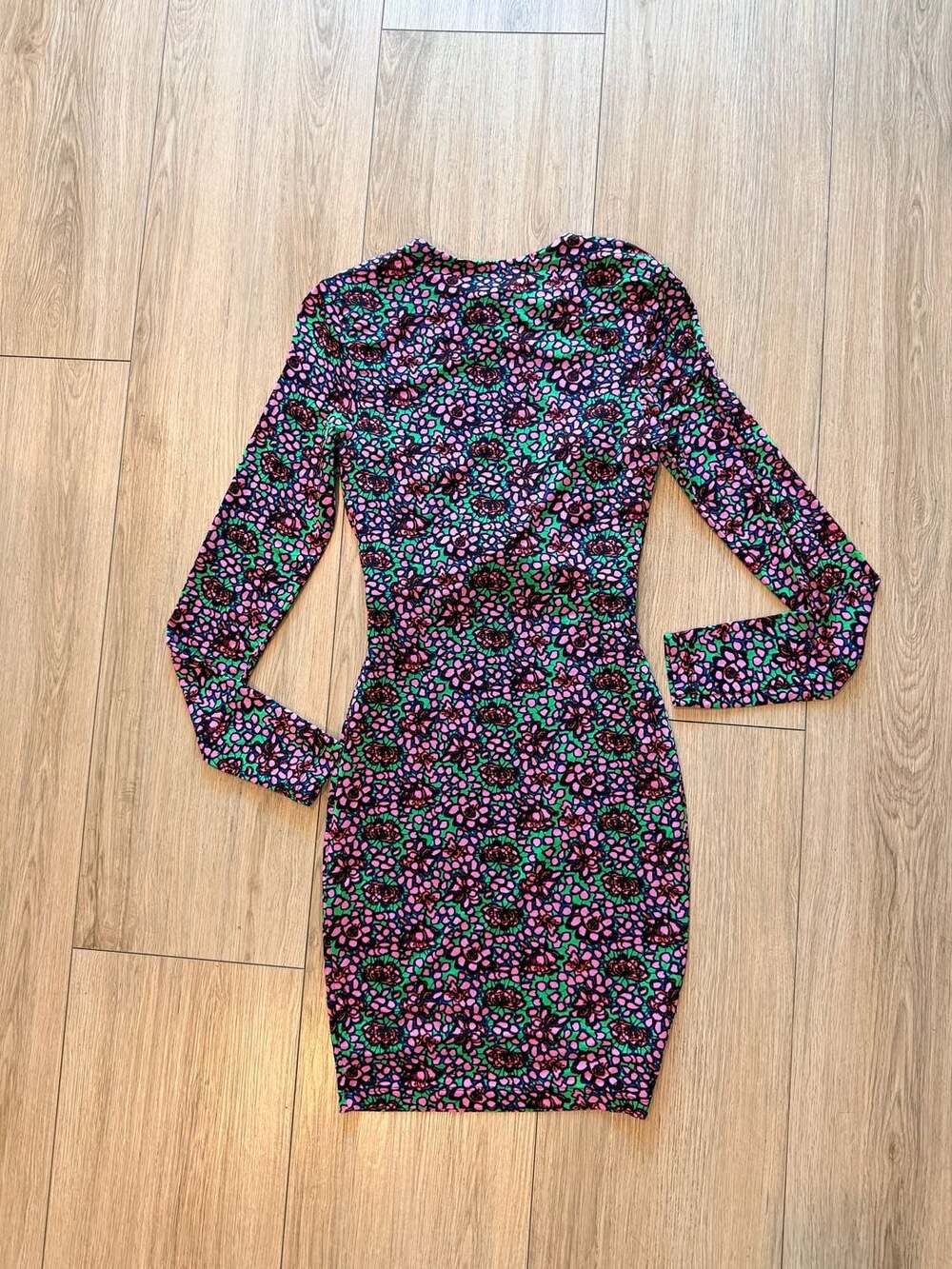 H&M Floral Ruched Bodycon Mini Dress Long Sleeve Y2K Party Size 2 - Picture 6 of 8